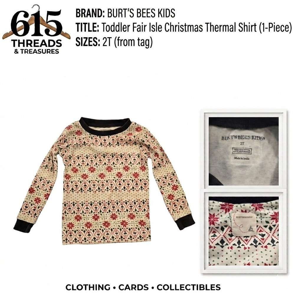 Burts Bees Kids Toddler 2T Fair Isle Christmas Thermal Shirt Red Cream Black